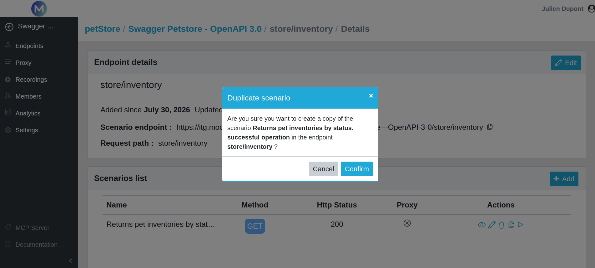 Mockinarium interface showing the duplication of an API mock scenario to quickly create and customize new testing scenarios.