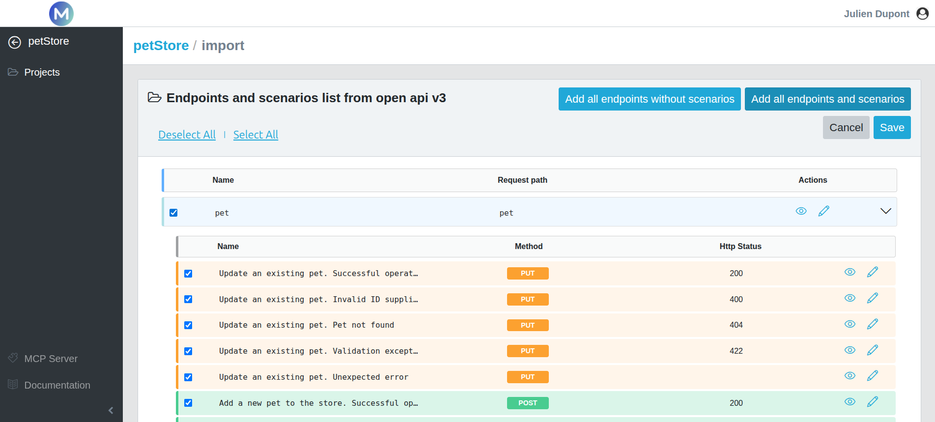 Mockinarium interface showing the import of an OpenAPI JSON file to automatically generate an API mock.