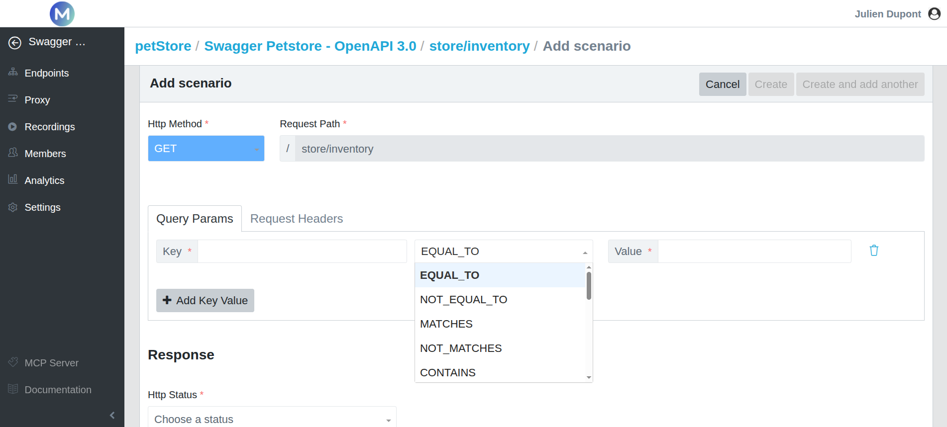 Mockinarium interface showing the matching options used to define request matching rules for API mock scenarios.