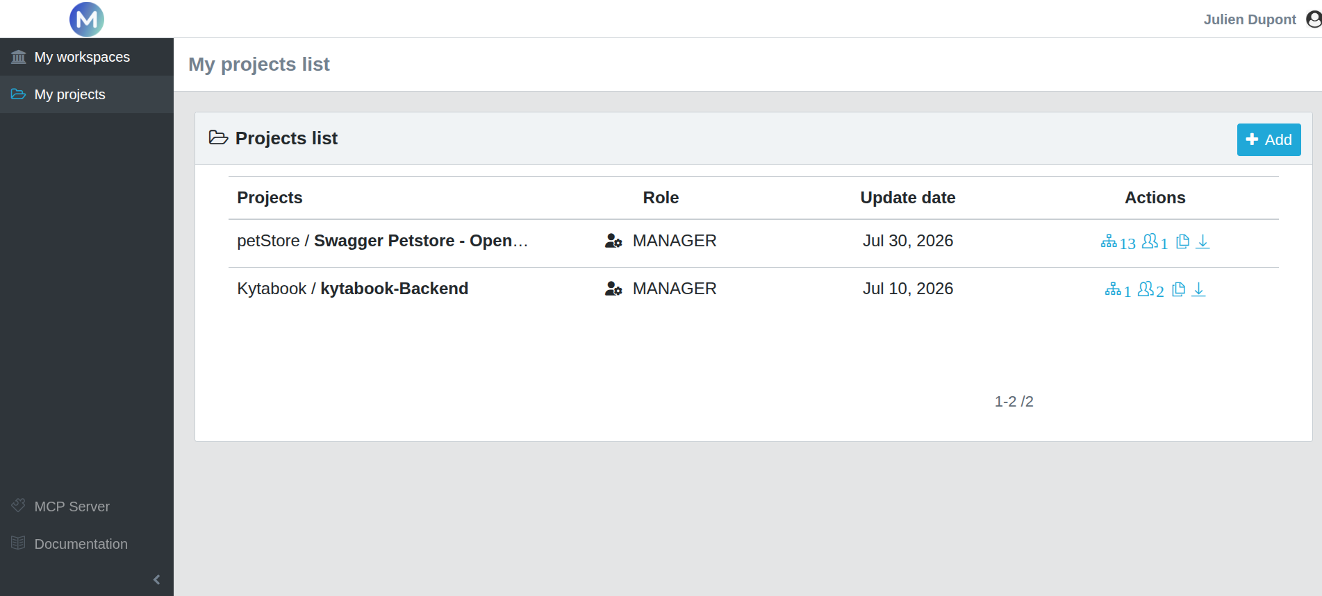 Mockinarium interface displaying the projects section used to organize and manage API mock projects.
