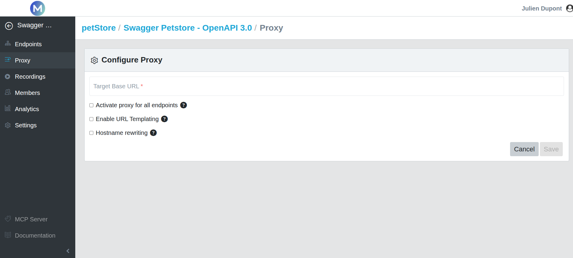 Mockinarium interface displaying the API proxy configuration section for managing connections between real APIs and mock services.