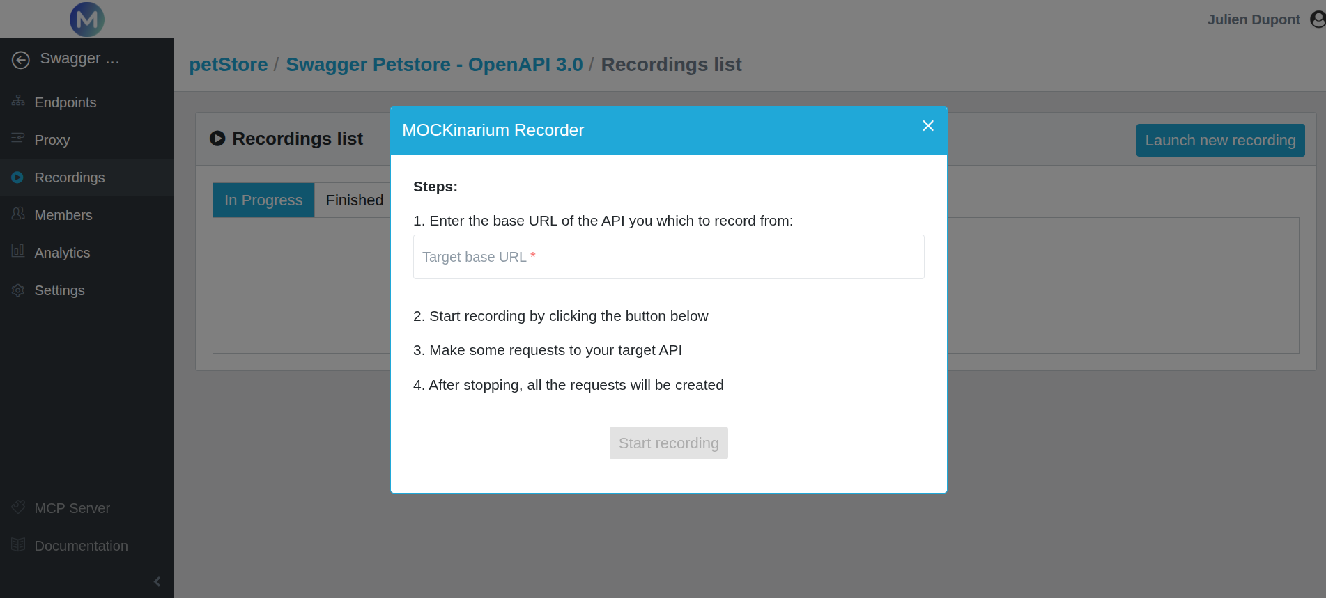 Mockinarium interface displaying the API recording feature used to capture live requests and generate reusable mock scenarios automatically.