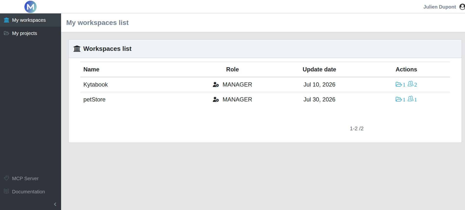 Mockinarium interface displaying the workspaces section used to manage API mock environments and organize team collaboration.