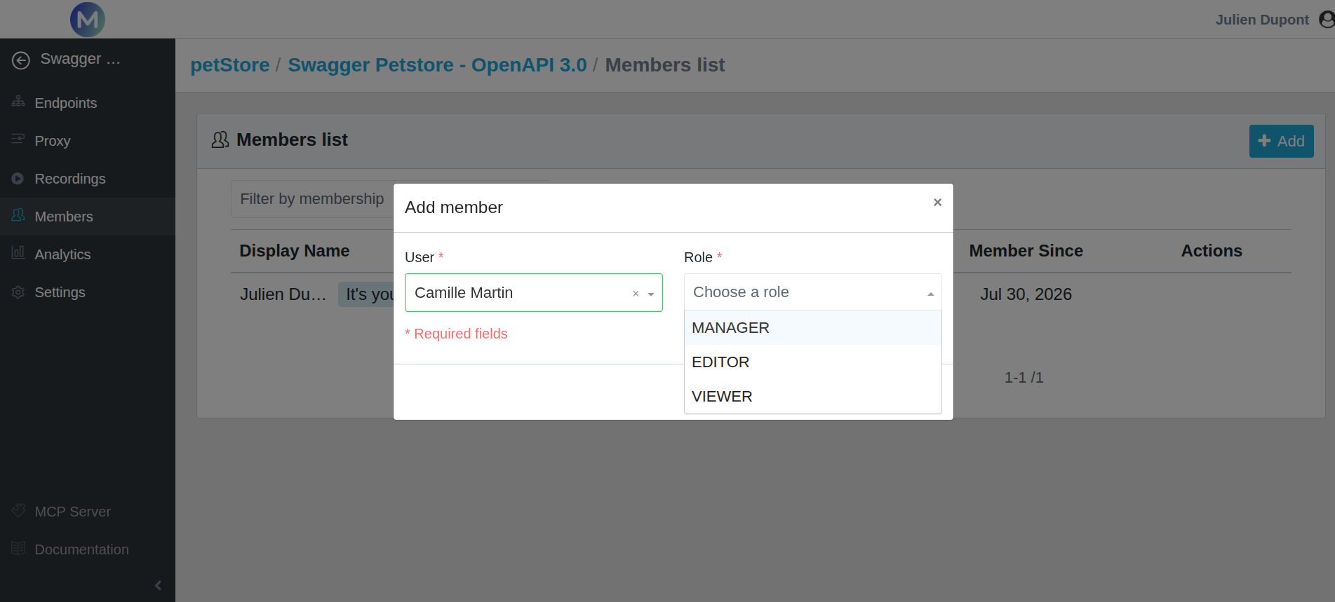 Mockinarium interface displaying the team management page where workspace members, roles, and access permissions can be managed.
